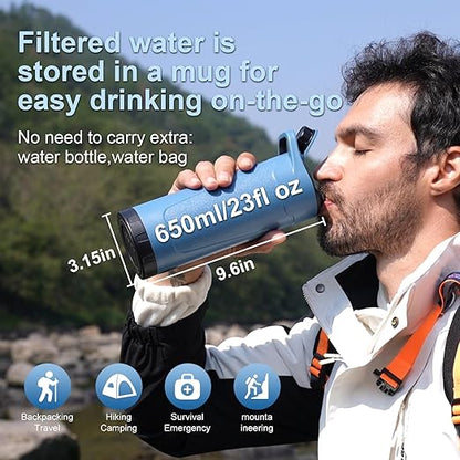 SurviMate Electric Water Purifier Survival,Portable Water Filter Bottle for Survival,0.01μm 22 Ounces with Emergency Lighting, NSF/ANSI 42&372 Certified,Bottle with Filter for Hiking, Camping, Travel