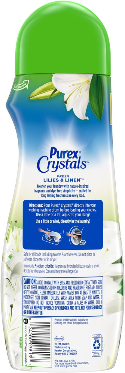 Purex Crystals In-Wash Scent Booster, Natural Elements, Fresh Lilies & Linen, 21 oz (Pack of 4), Long-Lasting Freshness & Odor Elimination Technology