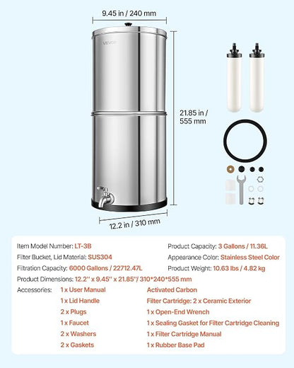 VEVOR Gravity-fed Water Filter System, 3G 304 Stainless-Steel Countertop Water Filtration System, Reduces Lead and up to 99% of Chlorine, with 2 Ceramic Carbon Filters, and Spigot, for Home Camping RV
