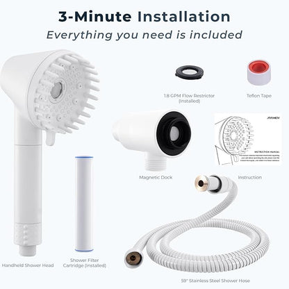Ryamen 2026 Magnetic Filtered Shower Head with Handheld– High Pressure Showerhead with Power Wash Mode, Chlorine Removal, Massage Brush, Pressure Adjustable, One-Touch Pause (White)