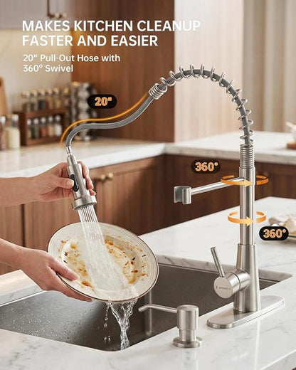 APPASO Kitchen Faucet with Soap Dispenser Pull Down Sprayer Brushed Nickel | NSF/ANSI/CAN 372 & Lead-free, SUS304 Stainless Steel 3 Modes Faucet for Farmhouse, Bar & RV