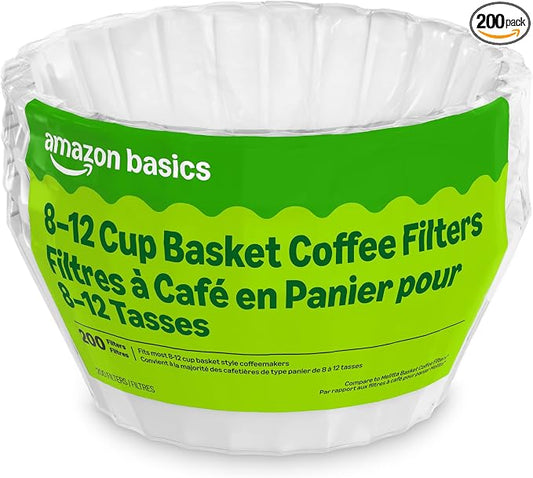 Amazon Basics Basket Coffee Filters for 8-12 Cup Coffee Makers, White, 200 Count, Packaging May Vary