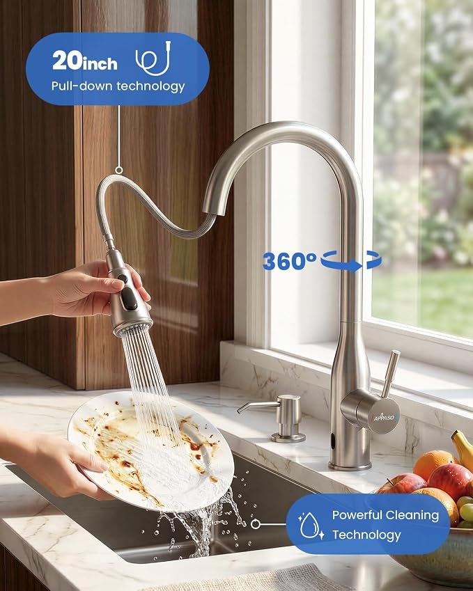 APPASO Touchless Kitchen Faucet with Soap Dispenser and Pull Down Sprayer | Brushed Nickel S304 Stainless Steel cUPC Lead-Free Hoses Hands-Free Motion Sensor Faucets 3 Modes for Farmhouse RV Sink