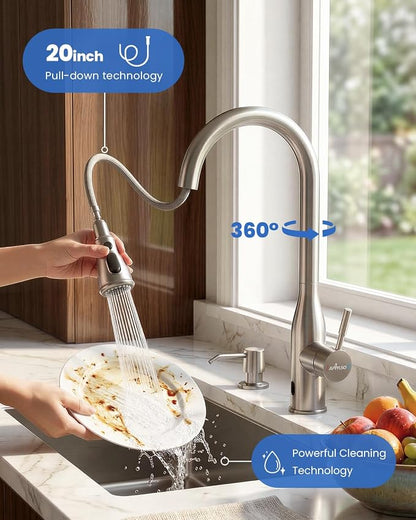 APPASO Touchless Kitchen Faucet with Soap Dispenser and Pull Down Sprayer | Brushed Nickel S304 Stainless Steel cUPC Lead-Free Hoses Hands-Free Motion Sensor Faucets 3 Modes for Farmhouse RV Sink