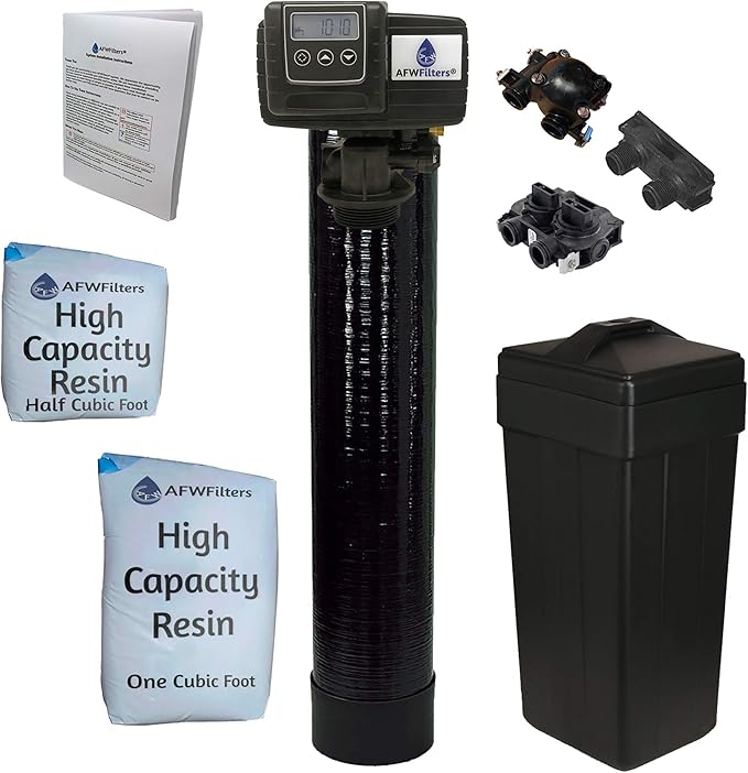 AFWFilters 1.5 Cubic Foot (48k) Whole Home Water Softener with High Capacity Resin, 3/4" Plastic MNPT Connection, and Black Tanks