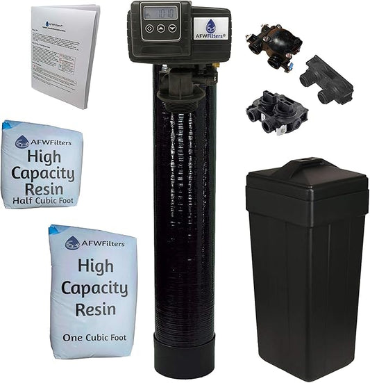 AFWFilters 1.5 Cubic Foot (48k) Whole Home Water Softener with High Capacity Resin, 3/4" Plastic MNPT Connection, and Black Tanks