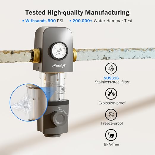 Frizzlife 40/100 Micron Spin Down Sediment Water Filter with Built-in Scraper & Pressure Display, Reusable Whole House Pre-Filter for City/Well Water, Washing Machine, Flushable, BPA Free, 1"&3/4" NPT