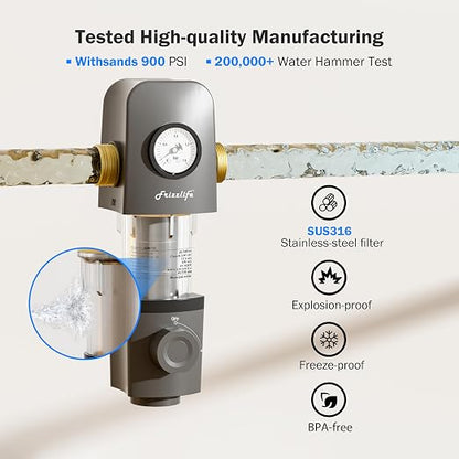Frizzlife 40/100 Micron Spin Down Sediment Water Filter with Built-in Scraper & Pressure Display, Reusable Whole House Pre-Filter for City/Well Water, Washing Machine, Flushable, BPA Free, 1"&3/4" NPT