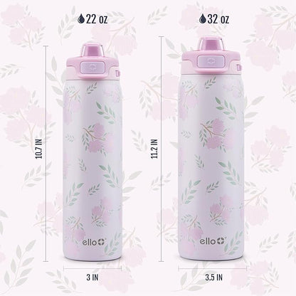 Ello Pop & Fill 22oz Stainless Steel Water Bottle with QuickFill Technology, Double Walled and Vacuum Insulated Metal, Leak Proof Locking Lid, Straw and Chug, Reusable, BPA Free, Blossom Bliss