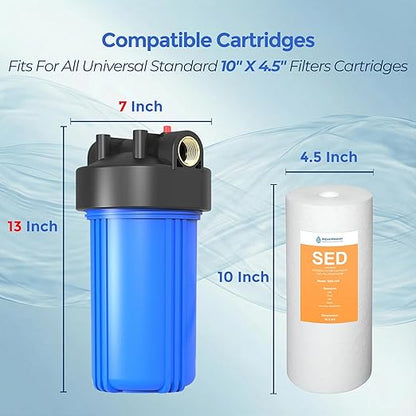Whole House Water Filter Housing (WH-10HD), 10" x 4.5" Sediment Carbon Filter Universal Housing, Pre-Filtration System for Well and City Water, 1" NPT Port, Pressure Release