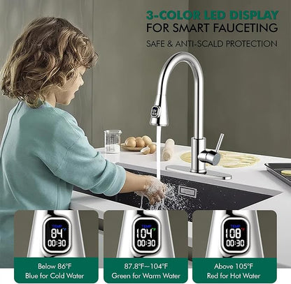 HOMELODY LED Temperature Display Kitchen Faucet with Pull Down Sprayer - Polished Chrome Single Handle Faucet for Kitchen Sink, High Arc Stainless Steel Design for RV Laundry Farmhouse Bar