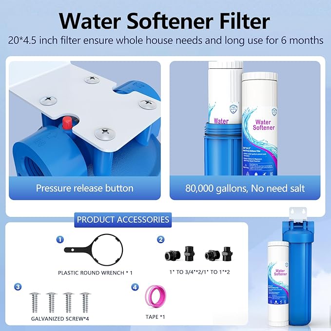 Whole House Salt Free Water Softener, Salt-Free Water Filter System, Salt-Free Water Softener Alternative, Prevent Water Scale Buildup, Without Salt and No Waste Water, 1" FNPT - Protect Appliances
