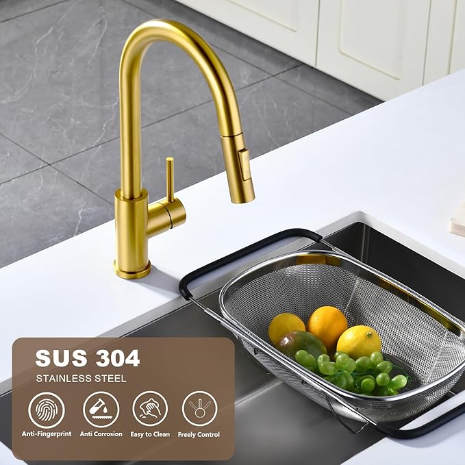 Tohlar Gold Kitchen Faucet with Pull Down Sprayer, Gold Kitchen Sink Faucet for 1 or 3 Hole, Modern Stainless Steel Sink Faucet with Deck Plate for Farmhouse Laundry Rv, Brushed Gold