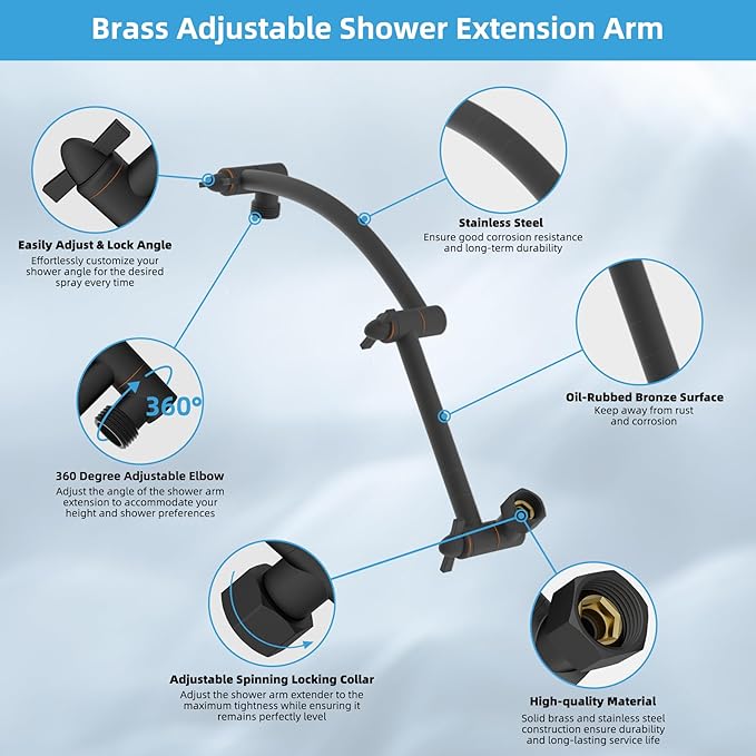 Hibbent All Metal Rain Shower Head, 8'' High Pressure Rainfall Square Showerhead with 16" Extension Arm, Solid Brass Adjustable Shower Arm Extender, Waterfall Fixed Showerheads, Oil Rubbed Bronze