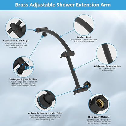 Hibbent All Metal Rain Shower Head, 8'' High Pressure Rainfall Square Showerhead with 16" Extension Arm, Solid Brass Adjustable Shower Arm Extender, Waterfall Fixed Showerheads, Oil Rubbed Bronze