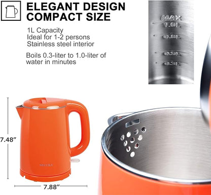 Secura Stainless Steel Double Wall Electric Kettle Water Heater for Tea Coffee w/Auto Shut-Off and Boil-Dry Protection, 1.0L (Orange) SWK-1001DO/HB-K012