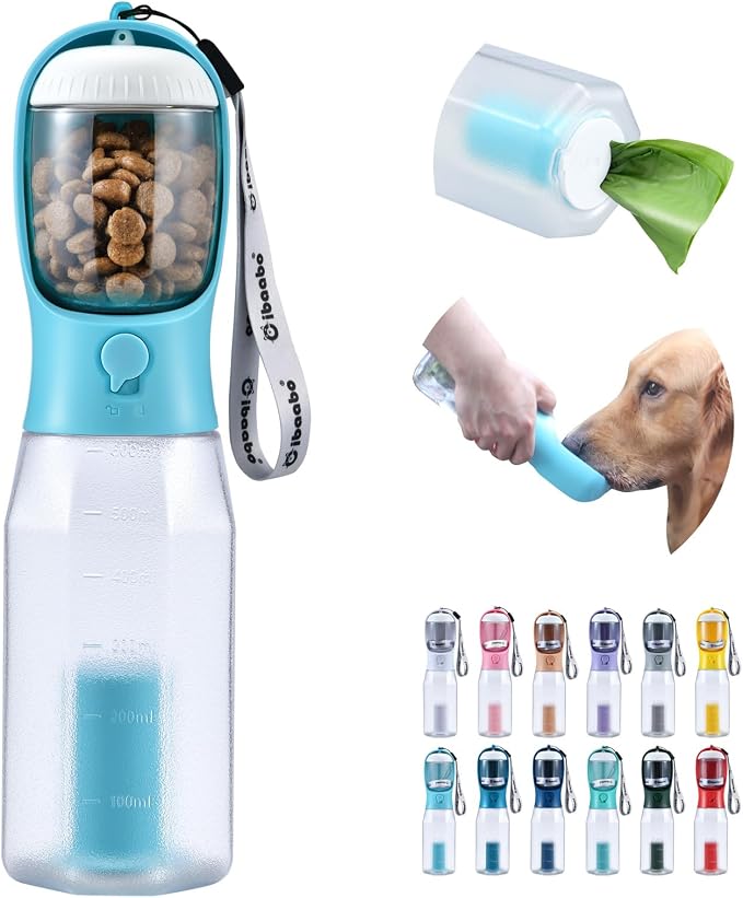 Cibaabo Dog Water Bottle with Food Container & Poop Bag Holder & Filter | Travel Water Bowl, Portable Pet Dispenser, Dog Gifts, Puppy Essentials for Walking Hiking