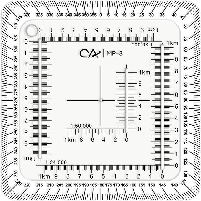 CYA MP-8 Square Military Map Coordinate Scale Protractor - 7x7cm UTM Tool | Square 7x7cm UTM map protractor for 1:24k, 1:25k & 1:50k scales. Features degree compass rose & white edge for navigation.