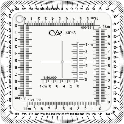 CYA MP-8 Square Military Map Coordinate Scale Protractor - 7x7cm UTM Tool | Square 7x7cm UTM map protractor for 1:24k, 1:25k & 1:50k scales. Features degree compass rose & white edge for navigation.