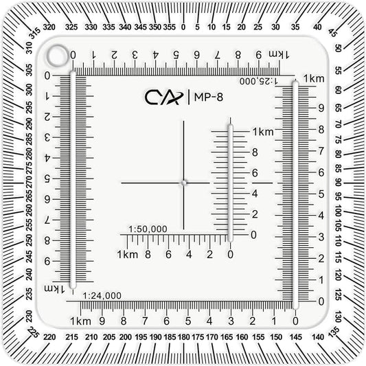 CYA MP-8 Square Military Map Coordinate Scale Protractor - 7x7cm UTM Tool | Square 7x7cm UTM map protractor for 1:24k, 1:25k & 1:50k scales. Features degree compass rose & white edge for navigation.