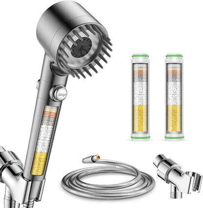 Filtered Shower Head with Handheld with 2PCS Filters, High Pressure 4 Spray Modes Showerhead with Filters, Water Softener Filters for Hard Water 59" Hose