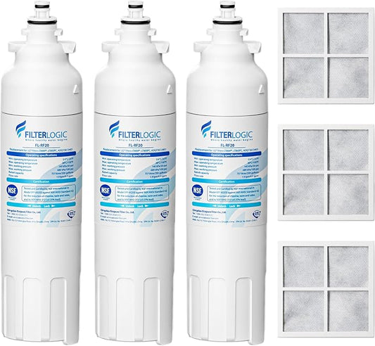 Filterlogic ADQ73613401 Refrigerator Water Filter and Air Filter, Replacement for LG® LT800P®, ADQ736134, ADQ73613402, LSXS26326S, LSXS26366S, LMXS30776S, Kenmore 46-9490 and LT120F®, 3 Combo