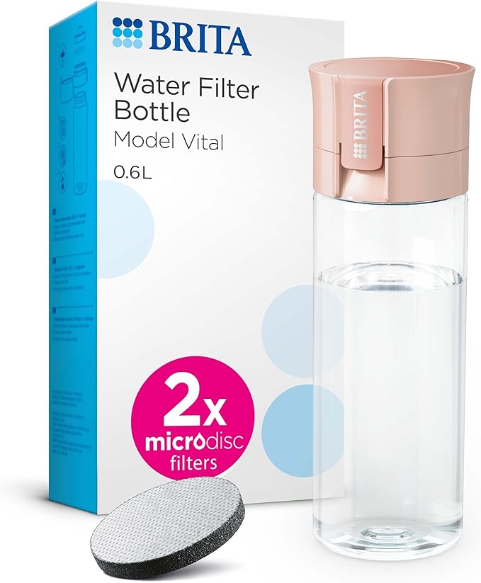 BRITA Water Filter Bottle Apricot (600ml) incl. 2x MicroDisc Filters - portable water filtration bottle for hydration on-the-go, filters chlorine, organic impurities, hormones & pesticides
