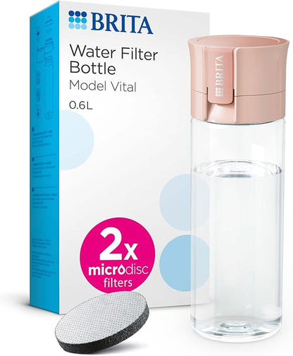 BRITA Water Filter Bottle Apricot (600ml) incl. 2x MicroDisc Filters - portable water filtration bottle for hydration on-the-go, filters chlorine, organic impurities, hormones & pesticides