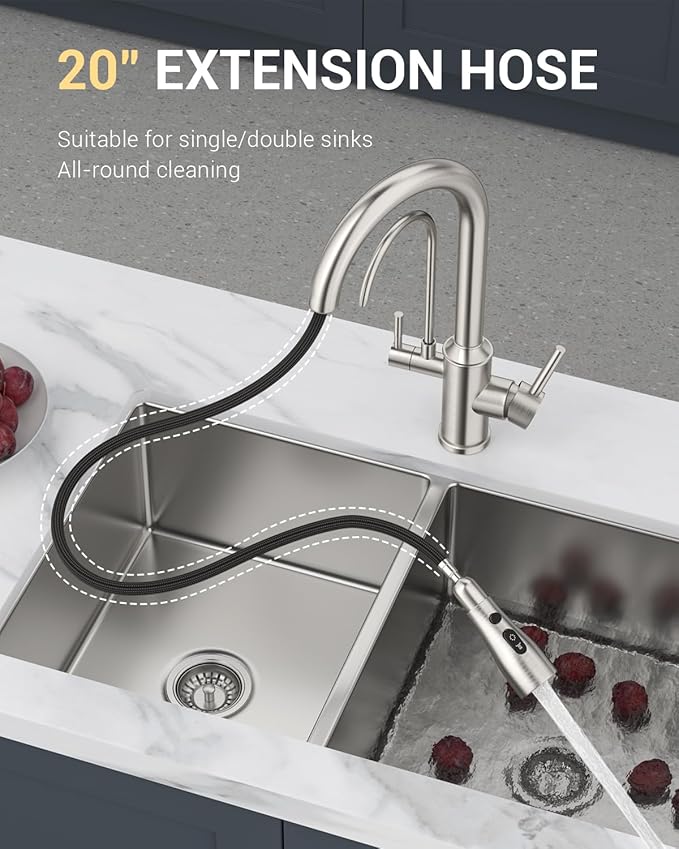 DAYONE Kitchen Faucet with Pull Down Spayer and Water Filter, 3 in 1 Sink Faucet with Drinking Water, 3-Way Kitchen Faucet with Purfied Water Faucet, Cold and Hot Mixer Filter Tap, Brushed Nickel
