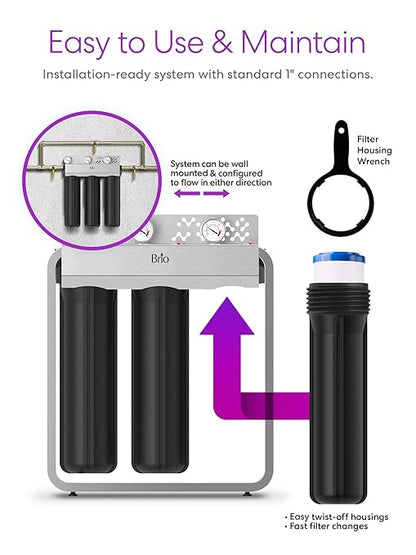 Brio 3-Stage Whole House Filtration System for Iron & Manganese Reduction, 900 GPH, 4.5" x 20" Sediment, Carbon Block, Iron & Manganese Filters Included w/Lifespan of 100,000 Gallons or 12 Months
