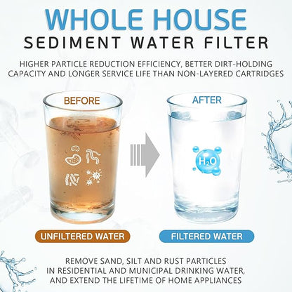 Ronaqua 50 Micron Sediment Water Filter Cartridge 10"x2.5", NSF Certified, 4-Layer Filtration for any 10-inch RO Units & Whole House Systems, Compatible with Culligan P5, AP110, WHKF-GD05, 6 Pack