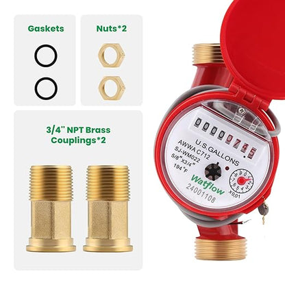 Watflow DN20 Water Meter 3/4" NPT, AWWA C712 Certification Gallon Water Flow Meter with Pulse Output, Cold and Hot Water Meter for Garden/Home/Apartment, Horizontal Install.