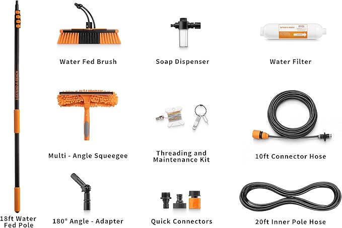 5-18 ft Water Fed Pole Window Cleaning System // Professional Telescopic Solar Panel Cleaning Equipment // Water Fed Brush with Upper Rinse Bar, 10" Squeegee, Water Filter, Soap Dispenser & Water Hose
