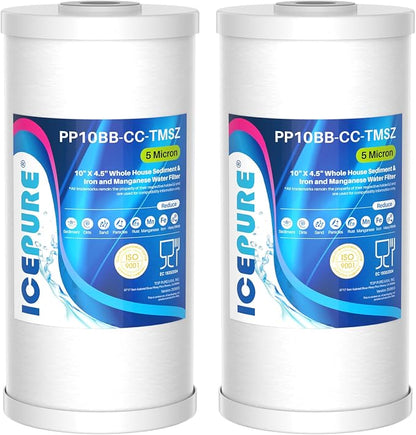 ICEPURE 5 Micron 10" x 4.5" Whole House Sediment and Iron Manganese Resin Water Filter Compatible with GE FXHTC, GXWH40L, RFC-BBSA W50PEHD Whirlpool WHKF-GD25BB GXWH35F GNWH38S Dupont WFHD13001, 2PACK