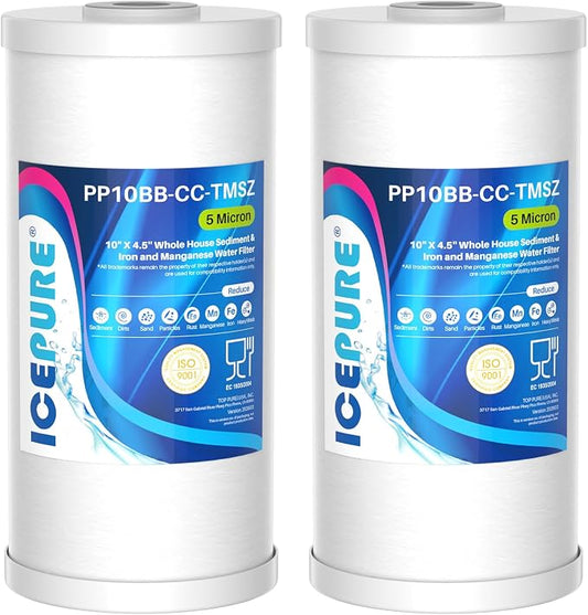 ICEPURE 5 Micron 10" x 4.5" Whole House Sediment and Iron Manganese Resin Water Filter Compatible with GE FXHTC, GXWH40L, RFC-BBSA W50PEHD Whirlpool WHKF-GD25BB GXWH35F GNWH38S Dupont WFHD13001, 2PACK