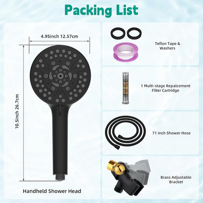 Hibbent High Pressure 10-mode Shower Head, Filtered Handheld Showerhead with Adjustable Brass Joint Holder, 71" Metal Hose, Improve Skin & Hair, Built-in Power Wash to Clean Tub & Pets, Black