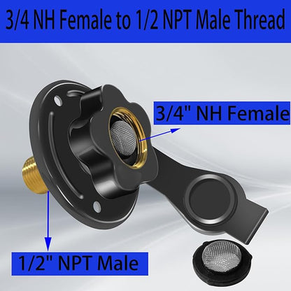 RV City Water Inlet with Check Valve, RV Water Inlet Replacement, 3/4 NH Female to 1/2 NPT Male Black Flange RV Fresh Water Inlet, RV Water Inlet with Dust Plug for RV Camper Motorhome, Black