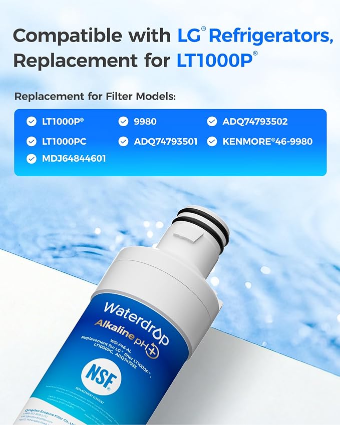 Waterdrop Alkaline LT1000PC ADQ747935 Refrigerator Water Filter, 2 Pack | Replacement for LG® LT1000P®/PC/PCS, LFXS26973S, LMXS28626S, LMWS27626S, LFXS28596S, ADQ74793501, ADQ74793502 and LT120F®