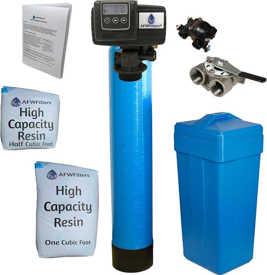 AFWFilters 1.5 Cubic Foot (48k) Whole Home Water Softener with High Capacity Resin, 1" Stainless Steel FNPT Connection, and Blue Tanks