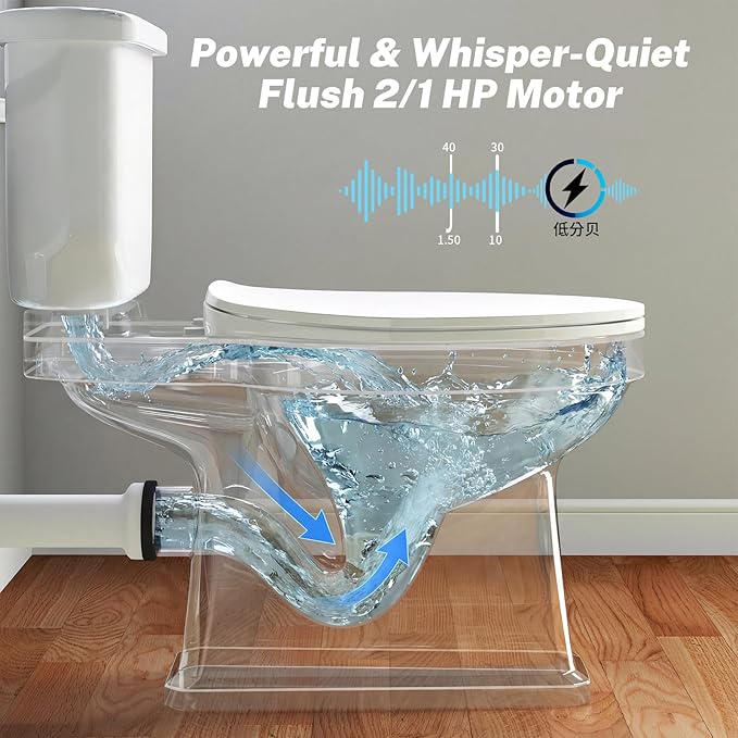 800Pro Macerating Toilet with Pump–Upflush Toilet System for Basement/Attic, 4 Water Inlets & AC Vent, 36ft Vertical Lift, Dual Flush, Easy Install,17.7" Elongated Toilet