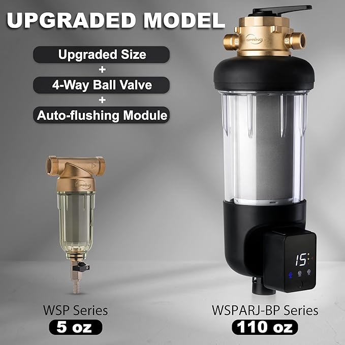 iSpring WSP200ARJ-BP Whole House Water Filter System Prefilter, Auto Flushing Spin Down Sediment Filter for Well Water, Integrated Bypass, 4-Mode Touch-Screen, Reusable, Jumbo Size, 200 Micron