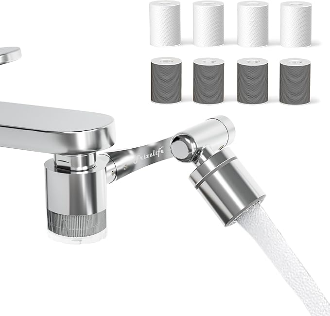 Frizzlife Water Filter for Sink Faucet Extender, 1440° Rotating Swivel Aerator Reduce 99% Chlorine, 3 Modes Spray Brass Attachment for kitchen/Bathroom/Toddlers, 8pcs Replacement Filter