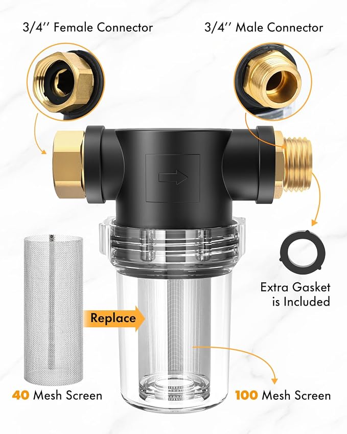 Twinkle Star Garden Hose Filter, Inline Water Hose Filter Attachment | 100 Mesh and 40 Mesh Screen, 2Pcs O-Ring, Garden Hose Filter Pressure Washer Inlet, For RV Camping Car Wash Water Hose