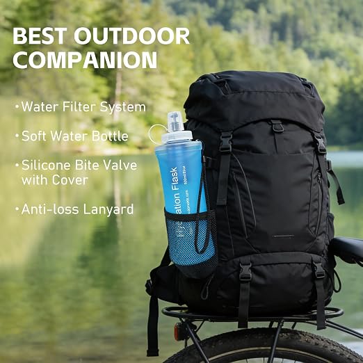 AXEN Collapsible Water Bottle with Filter System, Soft Hydration Flask for Trail Running, Camping, Hiking, Cycling, 700ml Blue