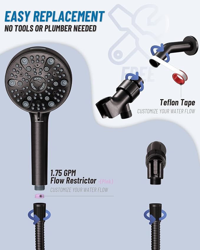 Filtered Handheld Shower Head for Hard Water, High Pressure Showerhead with 7 Spray Modes, Power Jet & Pause, Detachable & Adjustable for Healthier Skin & Hair - Matte Black (VMASSTONE HM-003)