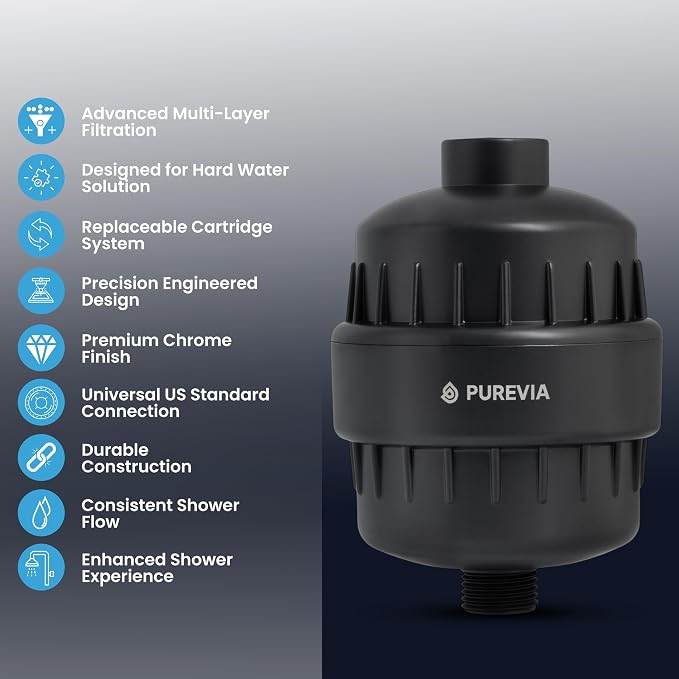 PUREVIA Shower Filter for Hard Water – Helps Reduce Chlorine & Common Water Impurities | High Pressure Water Filter | Universal Fit | Replaceable Cartridge | Easy 2-Minute Installation | Matte Black