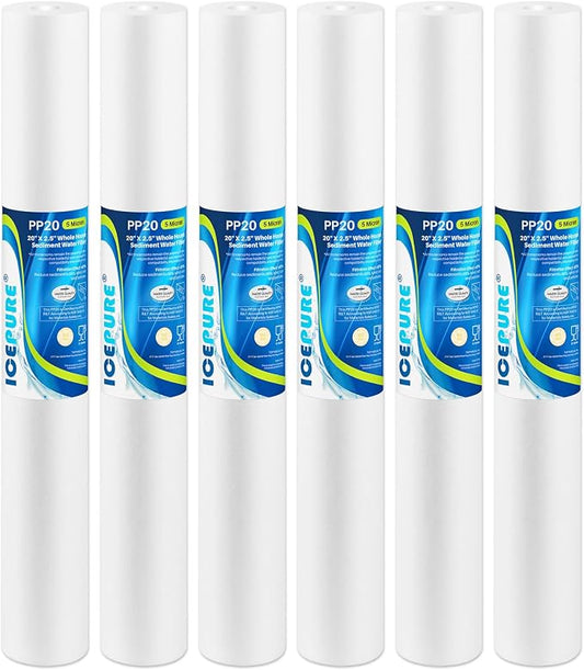 ICEPURE 5 Micron 20" x 2.5" Whole House Sediment Water Filter Replacement Cartridge for Well Water, Compatible with AP110-2C, P1-20, SP-P1-20, PX01-20, FPMB5-20, W25P-20, GX05-20, P5-20, 6PACK