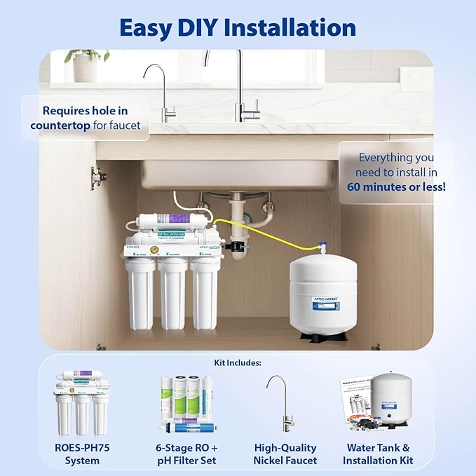 APEC Water Systems ROES-PH75 Essence Series Top Tier Alkaline Mineral pH+ 75 GPD 6-Stage Certified Ultra Safe Reverse Osmosis Drinking Water Filter System