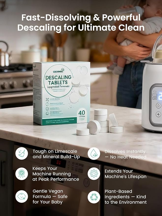 GROWNSY Descaling Tablets for Bottle Warmer & Sterilizer, Daily Essential Descaler, Cleaner for Baby Food Makers, Deep Limescale & Odor Removal, Performance Care, 40 Count for Regular