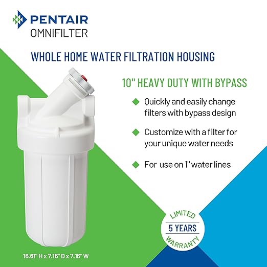 Pentair OMNIFilter Whole Home Valve-in-Head 10" Heavy-Duty Big Blue Water Filtration System with Pressure Relief, White/White